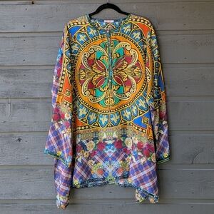 Johnny Was 100% Silk Long Sleeve Boho Mixed Patterns Tunic Size XL